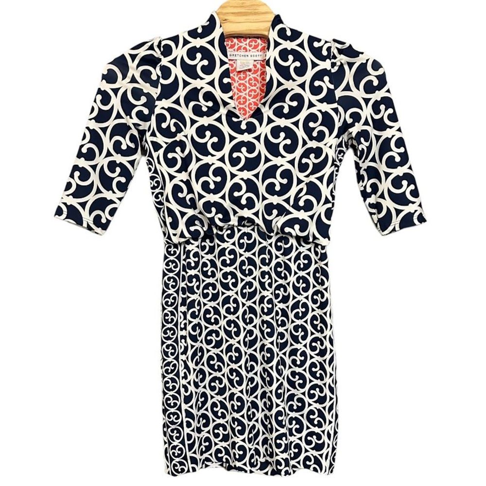 Gretchen Scott Navy Blue‎ Geometric Pattern 3/4 Sleeve V Neck Dress Womens M